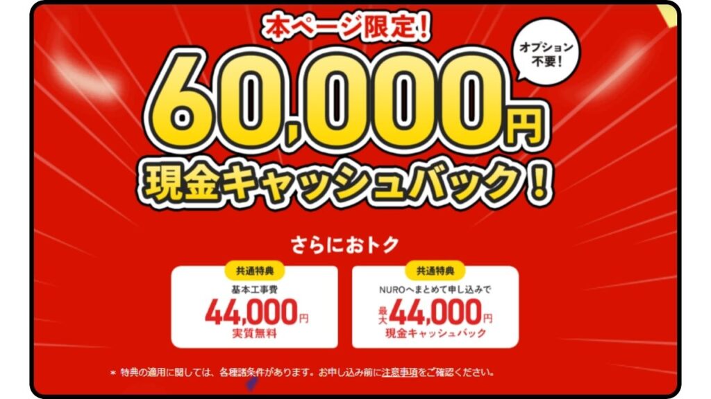 NURO光公式サイトのキャッシュバック6万円がもらえるページのトップ部分